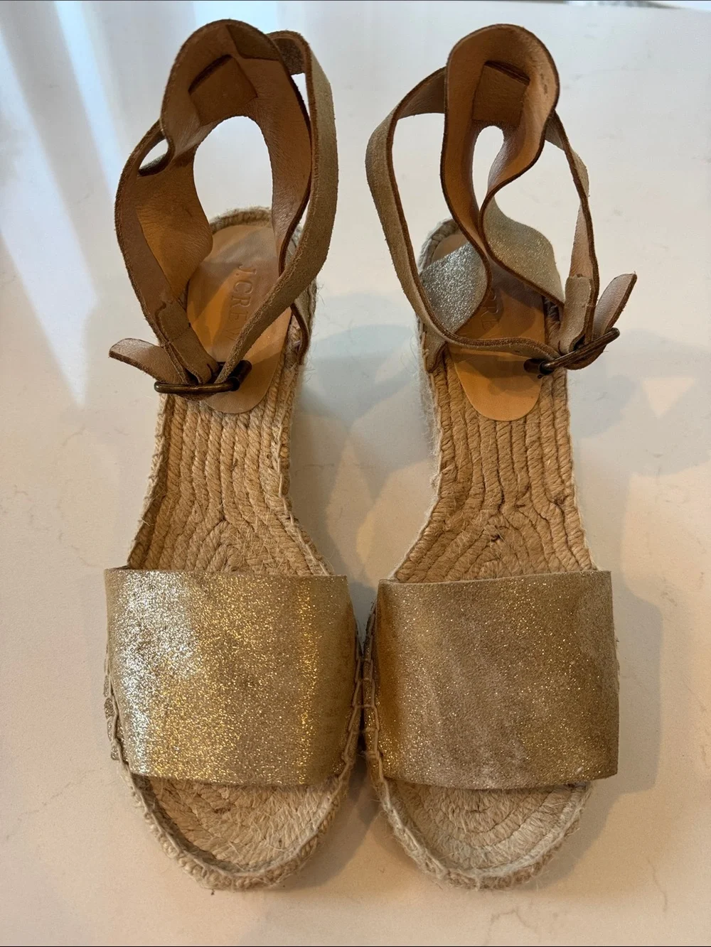 J Crew Gold Sparkle Espadrille Wedge Sandals with Ankle Buckle Strap Sz: 11